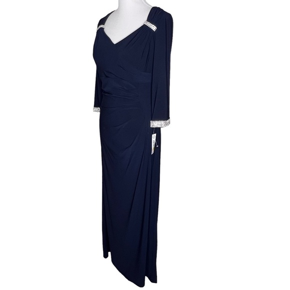 R&M Richards Blue Ruched 3/4 Sleeve Maxi Gown Rhinestone Size 10P NWT Elegant - Picture 3 of 15